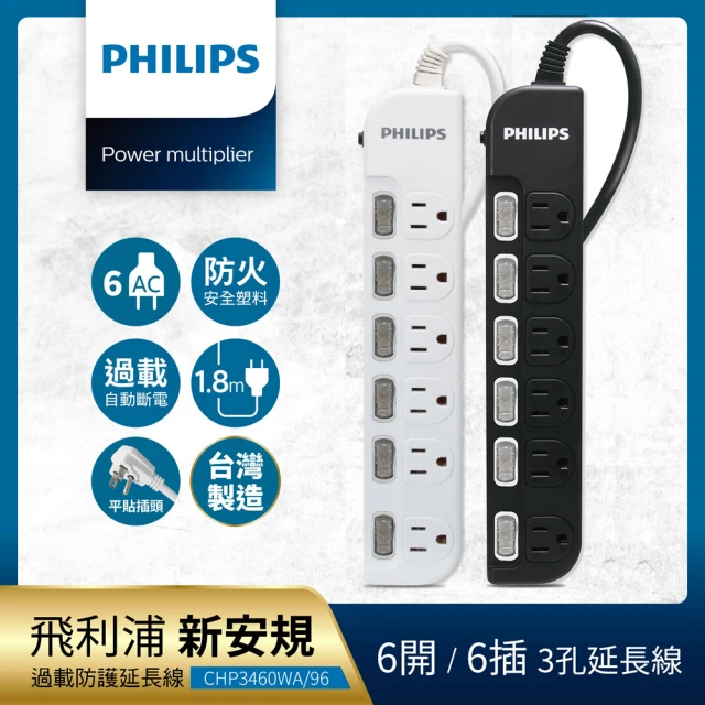 Philips 飛利浦 過載防護型 6開6插3孔延長線 1.8米(黑白2色可選)