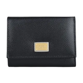 【DOLCE&GABBANA 杜嘉班納】D&G DOLCE&GABBANA 金屬牌LOGO釦式5卡Dauphine小牛皮三折短夾(黑)
