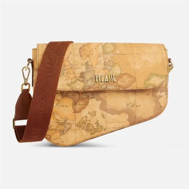 【Alviero Martini】義大利地圖包 斜角翻蓋寬背帶肩背包25cm(地圖黃 )
