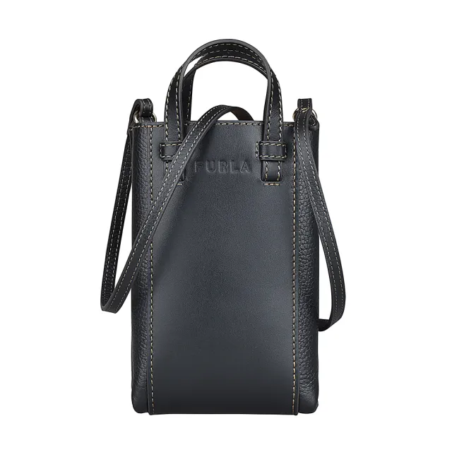 【FURLA 芙拉】FURLA MIASTELLA壓印LOGO直立式小牛皮垂手提斜背包(中/黑x薑黃)
