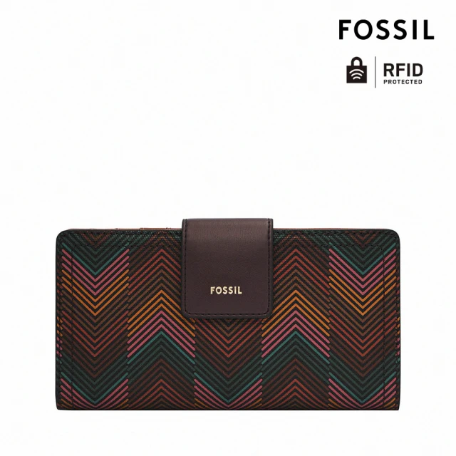 FOSSIL Logan 扣式RFID防盜中長夾-棕色霓虹紋 SL10057998