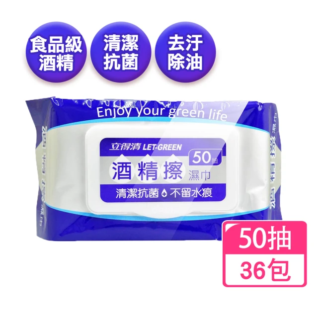 立得清 酒精擦濕巾50抽X36包 箱購(濕紙巾 食品級酒精 清潔抗菌 擦拭無水痕)