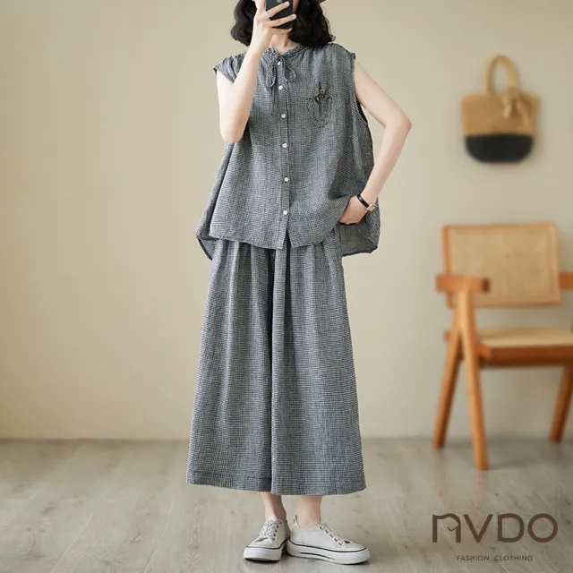 【NVDO】出清品   日系童趣小格紋寬鬆無袖上衣+闊腿褲套裝(透氣寬褲+上衣/F131/售完不補)