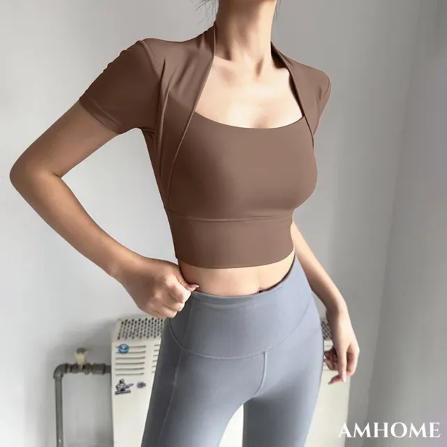 【Amhome】裸感運動短袖性感瑜伽帶胸墊休閒T恤跑步健身速乾短版上衣#122284(白/黑/橘/綠/咖)