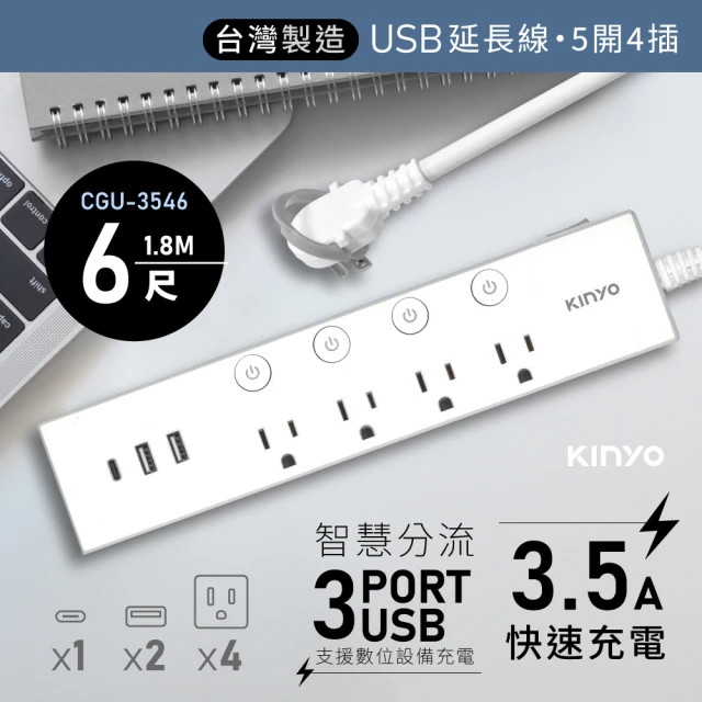 KINYO 五開四插雙USB延長線 1.8M(CGU-3546)