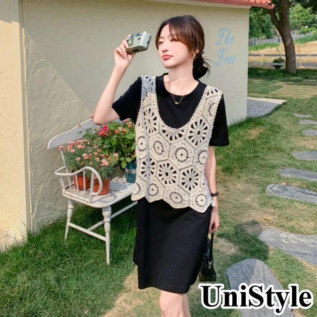 UniStyle 2件套盤扣緹花小背心褶皺長袖洋裝 女 ZM