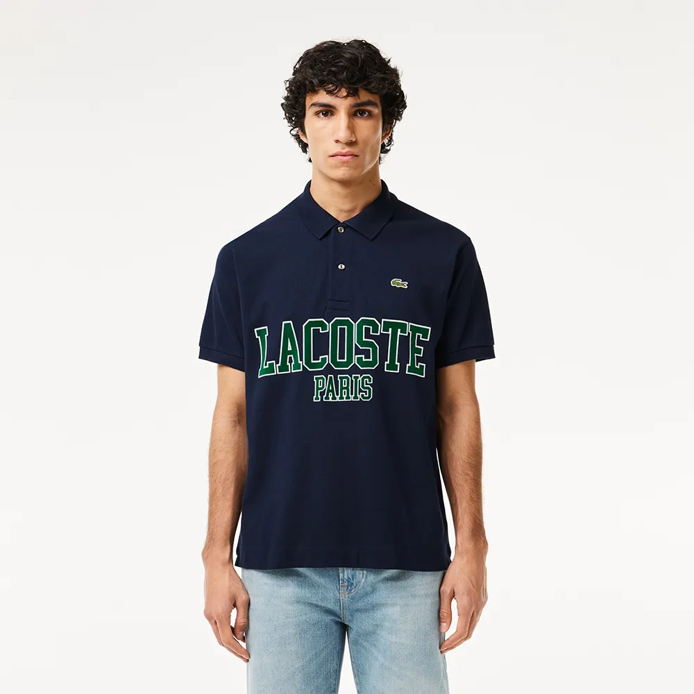 【LACOSTE】男裝-Original L.12.12植絨文字網眼布短袖Polo衫(海軍藍)