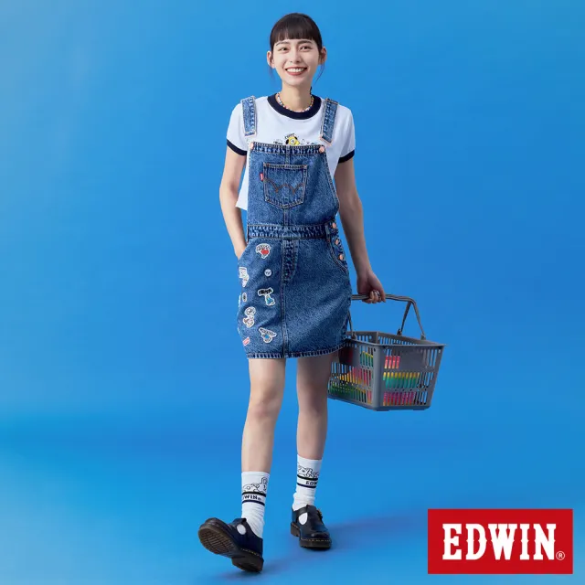 【EDWIN】女裝 BT21徽章吊帶丹寧短裙(石洗藍)