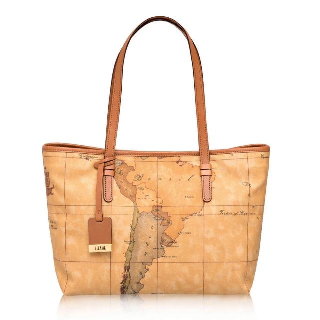 【Alviero Martini】義大利地圖包 扣式長把手提肩背托特包-中(地圖黃)