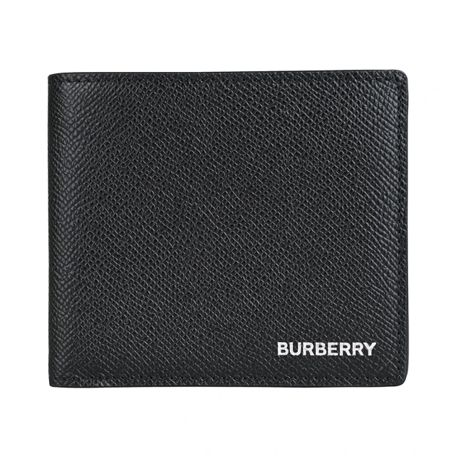 BURBERRY 巴寶莉 BURBERRY銀字燙印LOGO防刮牛皮8卡對折短夾(黑)