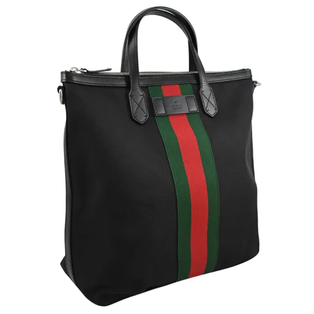 【GUCCI 古馳】經典新版綠紅綠條紋手提兩用購物包托特包(黑 大)