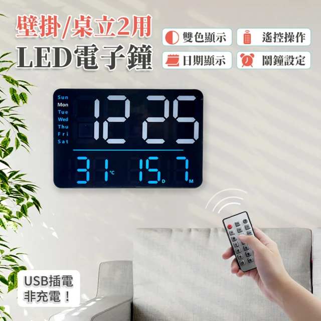 Beauty life LED電子數字掛鐘 方形電子鐘 壁鐘 超大尺寸數字時鐘 萬年曆電子鐘(USB插電-掛立2用款)