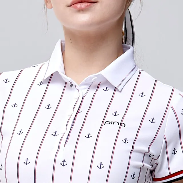 【PING】女款直條海錨吸濕排汗抗UV短袖POLO衫-白(GOLF/高爾夫球衫/RA24107-87)