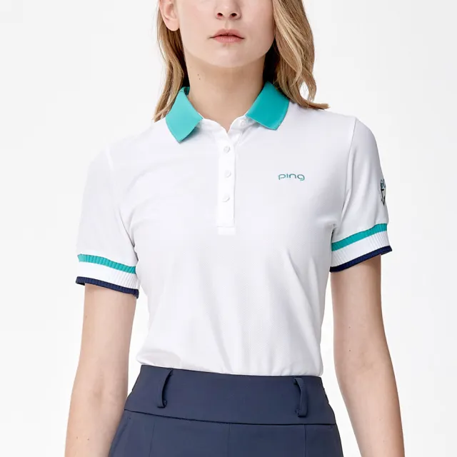 【PING】女款抽針羅紋袖口高爾夫短袖POLO衫-白(吸濕排汗/抗UV/GOLF/高爾夫球衫/RA24109-87)