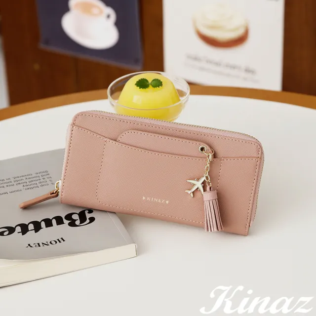 【KINAZ】附飛機流蘇吊飾卡夾ㄇ型拉鍊牛皮長夾-糖漬莓粉-飛機果凍系列