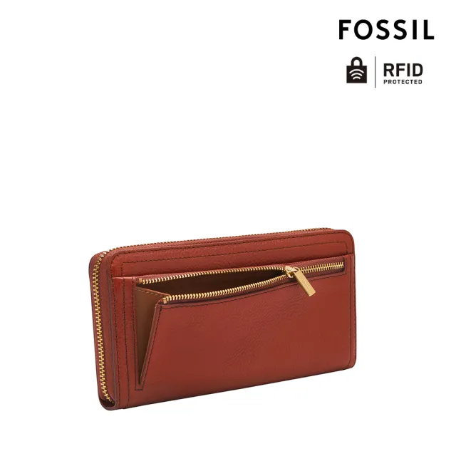 【FOSSIL 官方旗艦館】Logan 多層真皮拉鍊RFID防盜長夾-磚紅色 SL7831223