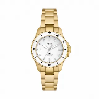 【FOSSIL 官方旗艦館】Fossil Blue Dive 潮流知性晶鑽女錶 金色不鏽鋼鍊帶指針手錶 36MM ES5350