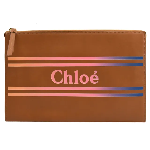 【Chloe’ 蔻依】大LOGO漸層條紋大手拿包萬用包(咖 大款)