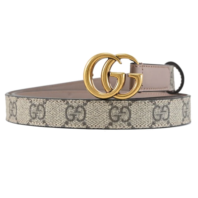 GUCCI 古馳 GG Marmont 經典雙G LOGO印花雙面窄版時尚皮帶(駝色/芋粉)