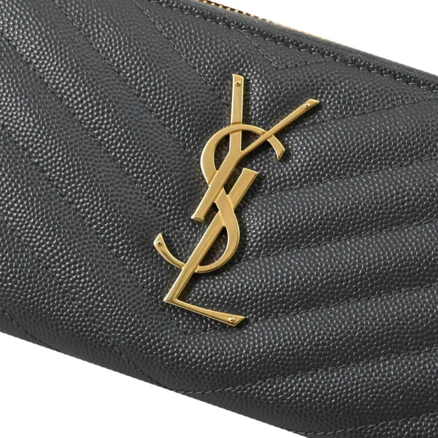 【YSL】MONOGRAM 金屬字母LOGO V字紋牛皮拉鍊發財零錢長夾(灰/金)