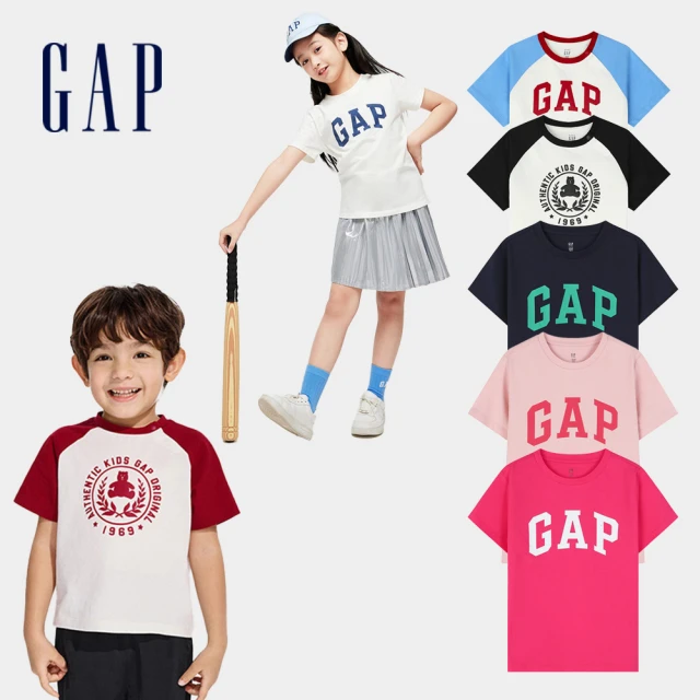 GAP 兒童裝 Logo/小熊印花純棉圓領短袖T恤-黑白撞色(586669)