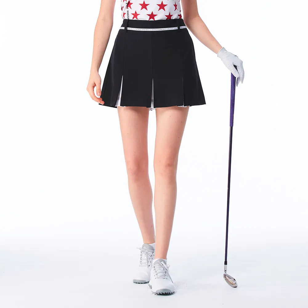 【KING GOLF】實體同步款-女款內層雙色百摺拼接素面修身A LINE短裙/高爾夫球裙(黑色)