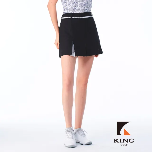 【KING GOLF】實體同步款-女款內層雙色百摺拼接素面修身A LINE短裙/高爾夫球裙(黑色)