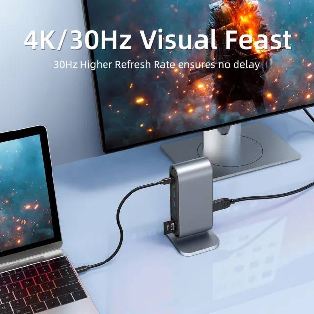 【Golf】12合1 USB C 直立款擴充 HUB 工作站(HDMI+VGA+RJ45+PD+USB A+TF+SD+AUX3.5)