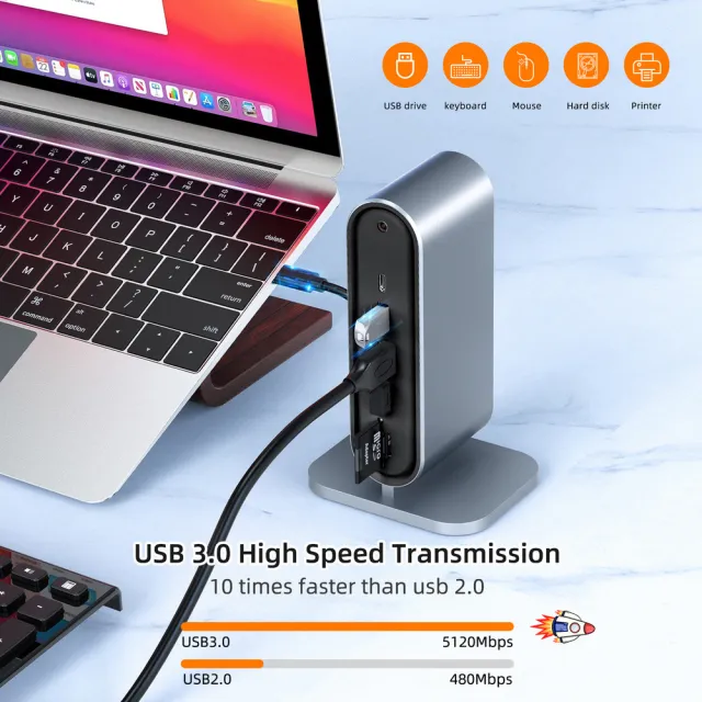 【Golf】12合1 USB C 直立款擴充 HUB 工作站(HDMI+VGA+RJ45+PD+USB A+TF+SD+AUX3.5)