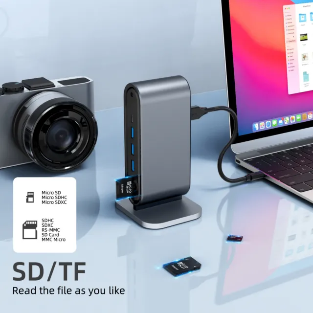 【Golf】12合1 USB C 直立款擴充 HUB 工作站(HDMI+VGA+RJ45+PD+USB A+TF+SD+AUX3.5)