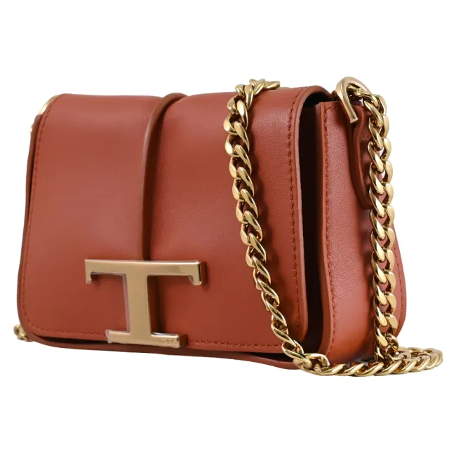 【TOD’S】TODS T Timeless 金屬T LOGO小牛皮肩斜翻蓋三用錬包(磚紅)