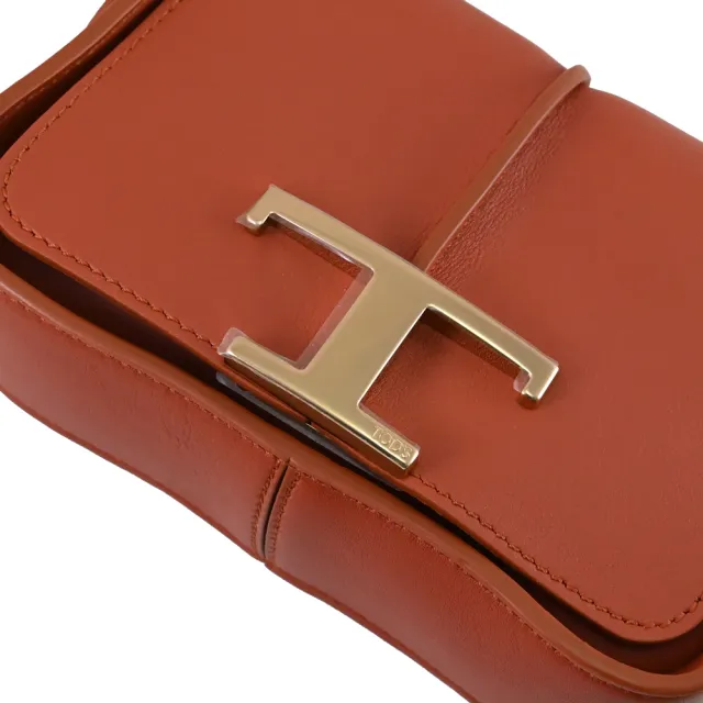 【TOD’S】TODS T Timeless 金屬T LOGO小牛皮肩斜翻蓋三用錬包(磚紅)