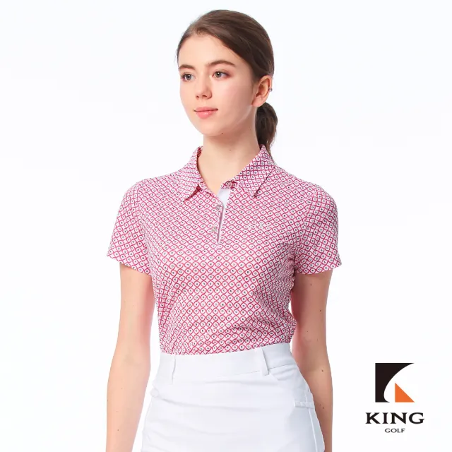 【KING GOLF】實體同步款-女款滿版圈圈KG印花立體刺繡透氣涼感開襟短袖POLO衫/高爾夫球衫(粉色)