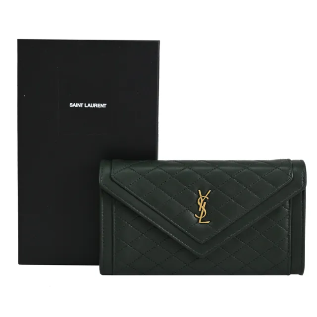 【YSL】金屬字母LOGO 菱格縫線小羊皮翻蓋信封扣式發財零錢長夾(深綠)