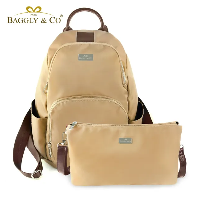 【BAGGLY&CO】買一送一 真皮尼龍防水釋壓防盜後背包二件組(真皮後背包 輕量尼龍包 真皮 後背包)