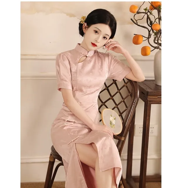 【巴黎精品】現貨+預購 女新中式旗袍連身裙改良旗袍A字裙長裙大碼洋裝休閒大尺碼女裝(緞面開衩3色a1gc13)