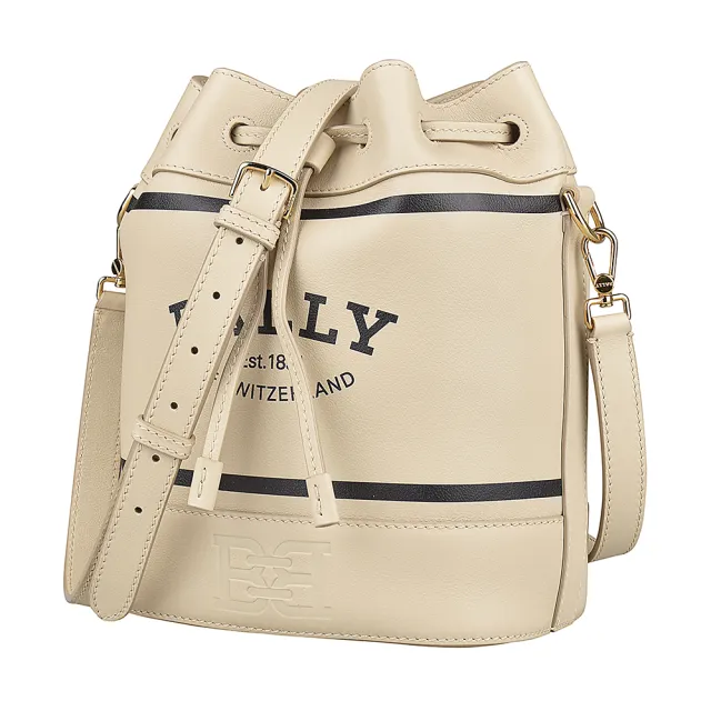 【BALLY】BALLY CLEOH黑字印花LOGO小牛皮抽繩束口斜背水桶包(淺米)