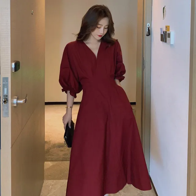 【巴黎精品】現貨+預購 連身裙五分袖洋裝(復古V領A字中長版女裙子2色a1fc1)