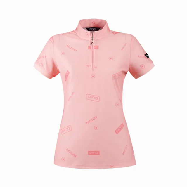 【PING】女款LOGO吸濕排汗高爾夫立領短袖上衣--粉橘(GOLF/高爾夫球衫/RA24123-23)