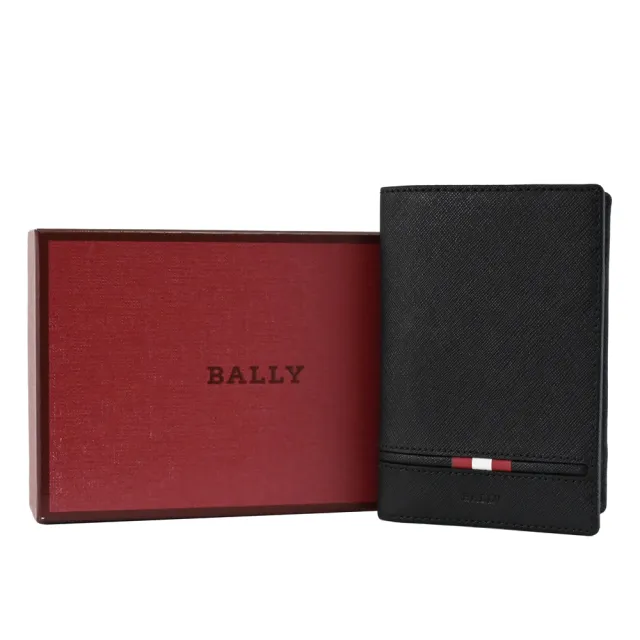 【BALLY】簡約LOGO紅白紅條紋小牛皮信用卡證件對折護照夾(黑)