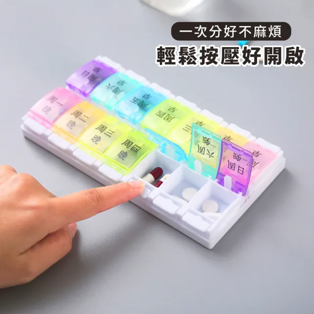 【藥品收納王】鋼琴按壓式透明1周藥盒-14格(早晚分格 收納盒 分裝 密封盒 飾品盒 零件盒 隨身藥盒 旅行)