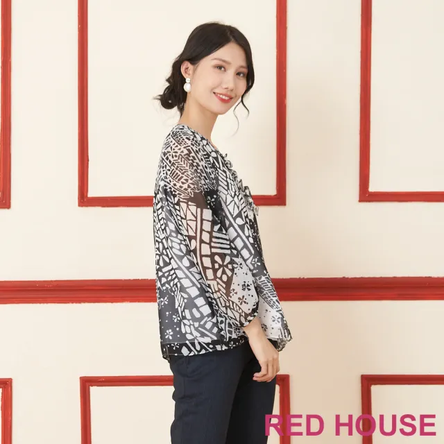 【RED HOUSE 蕾赫斯】抽象印花雪紡上衣(黑色)