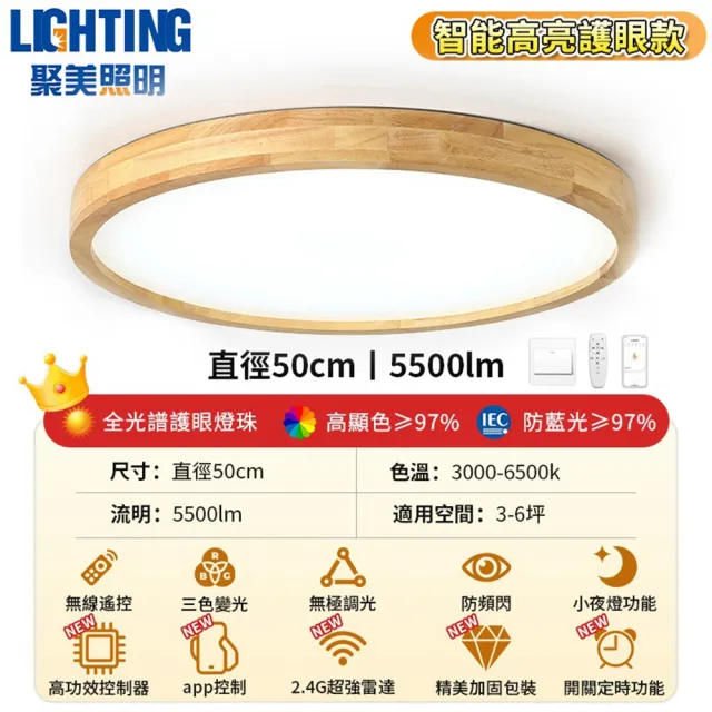 【聚美照明】led全光譜吸頂燈 防藍光護眼燈50CM 5500lm 智能高亮護眼款(吸頂燈/實木吸頂燈/無極調光調色)