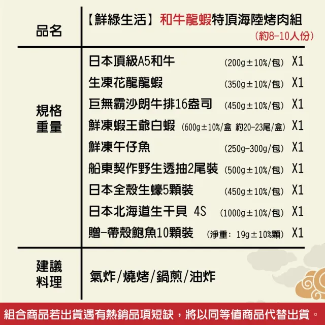 【鮮綠生活】和牛龍蝦特頂海陸烤肉9件組(約8人份量;中秋烤肉、露營、烤肉組)