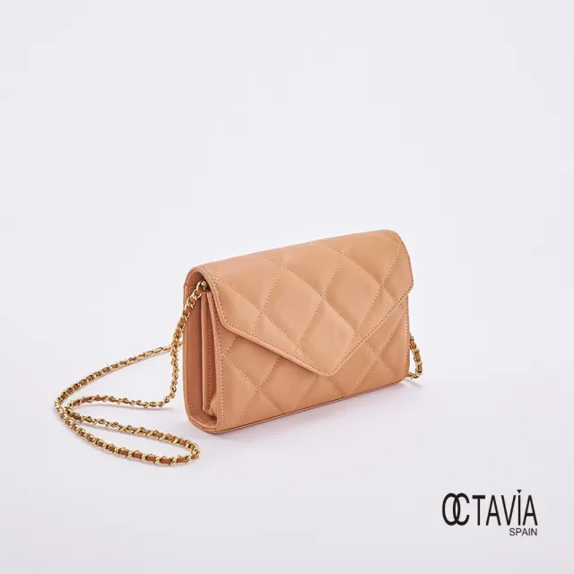【OCTAVIA 8】雙11 OCTAVIA8 真皮- 小脾氣 羊皮大菱格信封式鍊條肩斜二用包 - 卡其