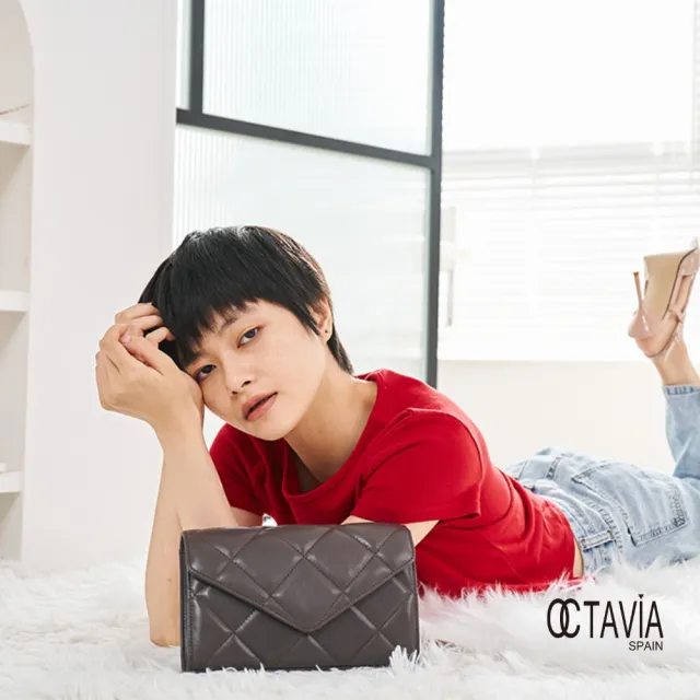【OCTAVIA 8】雙11 OCTAVIA8 真皮- 小脾氣 羊皮大菱格信封式鍊條肩斜二用包 - 鐵灰