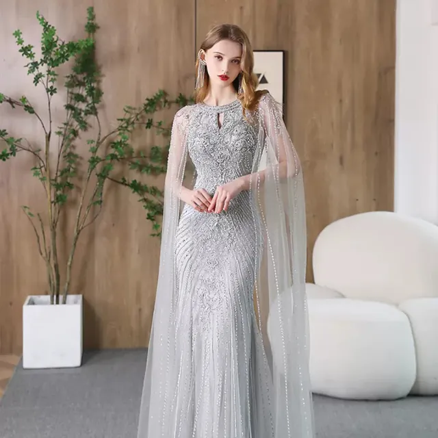 【女神婚紗禮服】高級奢華削肩掛脖女王長披肩魚尾晚禮服PLGZ-2406銀色(派對宴會敬酒 拉鍊晚禮服)