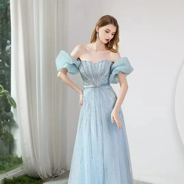 【女神婚紗禮服】輕奢夢幻法式抹胸串珠美肩A字晚禮服PLGZ-2405天藍色(派對宴會敬酒 拉鍊晚禮服)