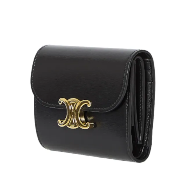 【CELINE】Small Flap Triomphe 凱旋門 亮澤牛皮革 小號 翻蓋 零錢包 卡夾 皮夾 短夾 黑色 10D783DPV.38NO