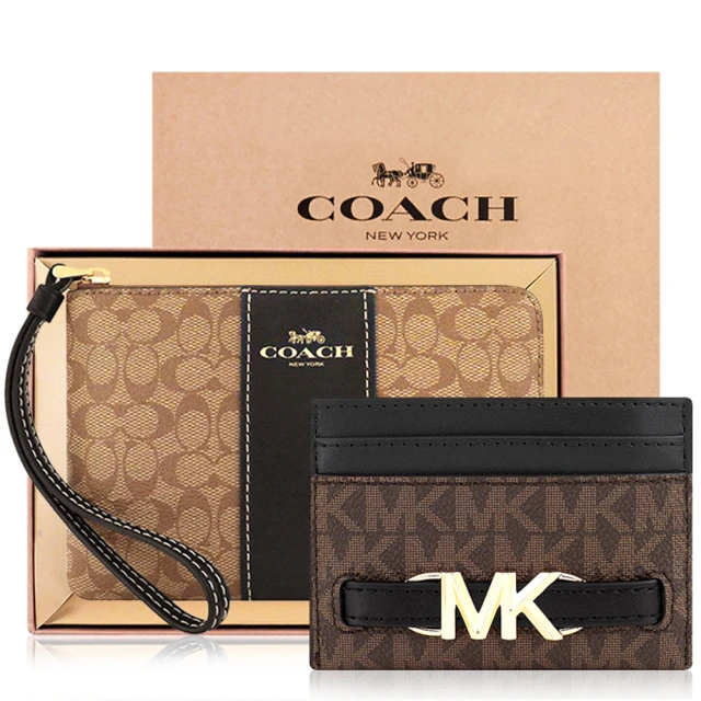 COACH 小C PVC手拿包+MICHAEL KORS Reed LOGO PVC證件名片夾(咖啡黑色+黑色)